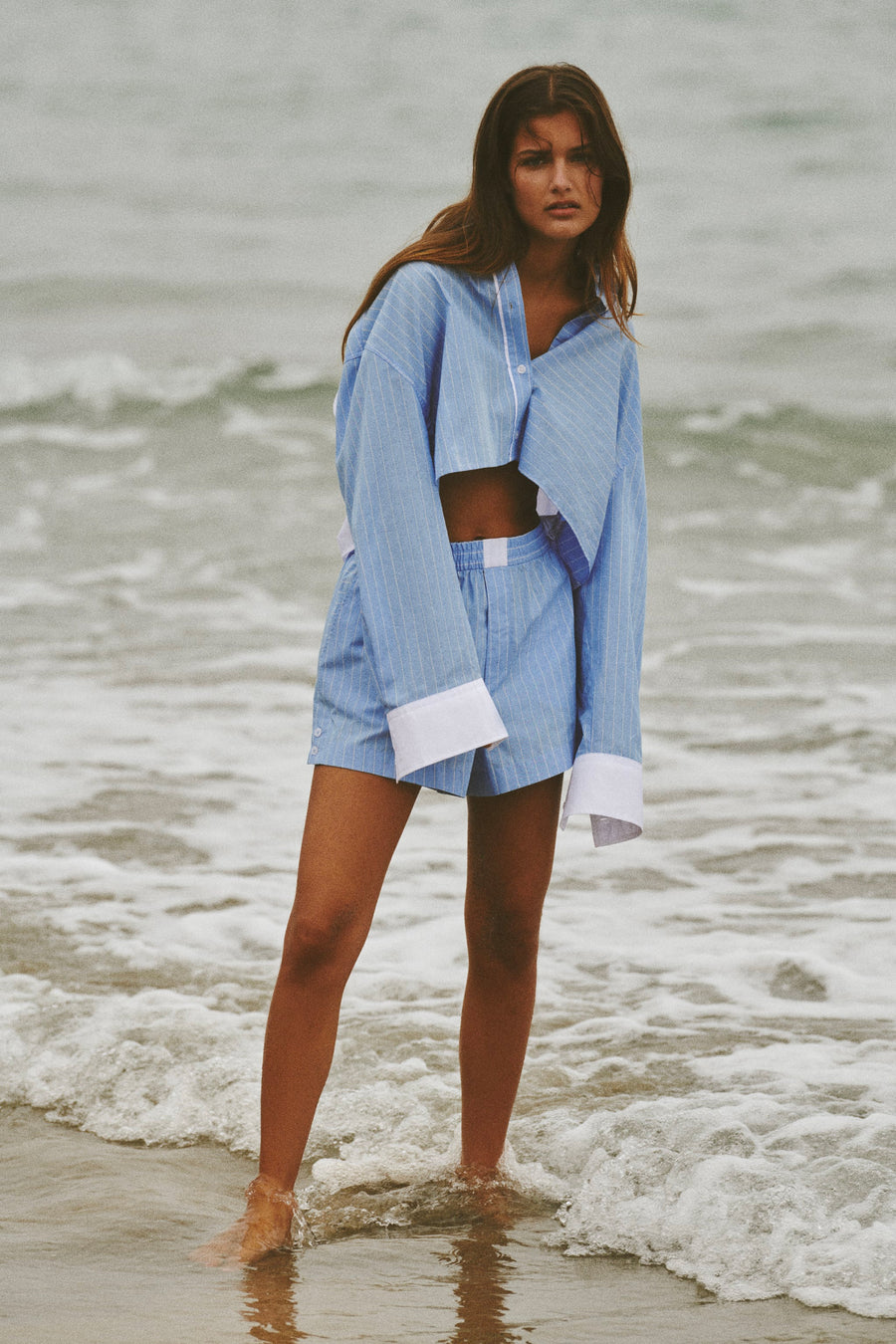 STRIPED POPLIN CROP SHIRT AND SHORTS SUIT